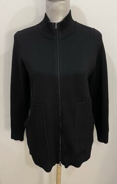 TALBOTS Petite Medium Fine-Knit Black Cardigan Two-way Zip Sweater With Pockets